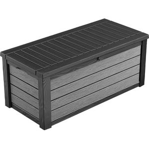 Kussenbox 454 liter volume waterdicht grafiet houtlook zitbank voor 2 volwassenen (max. 300 kg) 145 x 697 x 603 cm multifunctionele kist met opbergruimte