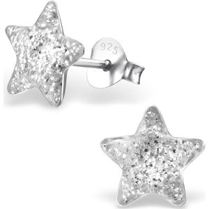 Joy|S - Zilveren ster oorbellen - 9 mm - wit met glitter