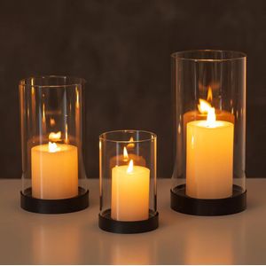 Windlicht kandelaar set: 3 glazen cilinders voor tafeldecoratie, stompkaarsen, buiten bruiloft.