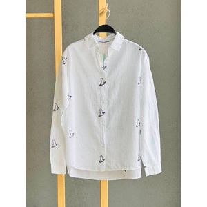Trendy Zomerse Dames Oversized Wit Blouse-Shirt met Vogel Motief, Maat M, 100% Katoen