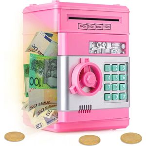 Elektronische Spaarvarkens Geldautomaat, Auto-Scroll Cash Munt Piggy Bank Spaarpotten Wachtwoord Kluizen Brandkast, voor 4-11 jaar Jongens Meisjes Kinderen Verjaardag en Kerstcadeau (Roze)