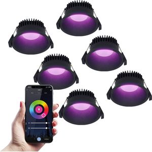 6x Finn Smart LED inbouwspot - 10 Watt - Plafondspot - RGBWW - WiFi + Bluetooth - 630 Lumen - Binnen & buiten - Verzonken spot - Amazon Alexa + Google Assist - Zwart