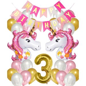 Snoes Ballonnen Set Unicorn 3 Jaar - Verjaardag Versiering Slinger - Folieballon - Helium Ballonnen