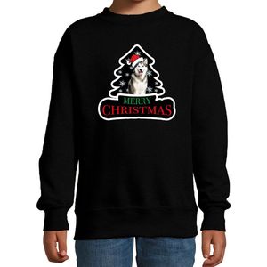 Dieren kersttrui husky zwart kinderen - Foute honden kerstsweater jongen/ meisjes - Kerst outfit dieren liefhebber 110/116