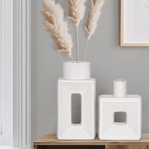 Decoratieve vaas wit set (2-pack) - geometrische, minimalistische decoratie - vazenset voor woonkamer, hal, planken, tafel, mantel - vaas Boho, Scandinavisch, rustiek, boerderij, modern