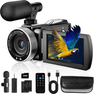 Vlog Camera Voor Beginners - Handycam Inclusief 2 Batterijen & Externe Microfoon - Camcorder 18x Digitale Zoom - 4K