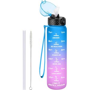 Inovra ® Motiverende 1L Sport Waterfles met Rietje en Tijdmarkeringen voor Outdoor Activiteiten
