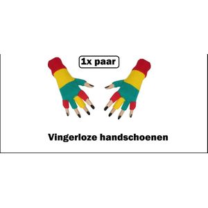 1x Paar Vingerloze handschoenen rood/geel/groen  - Thema feest carnaval party festival