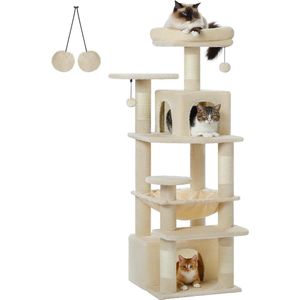 Grote krabpaal 136 cm kattentoren voor grote katten - kattenverblijf met krabpalen - kussentjes bedekt met sisal - 2 gewatteerde zitstokken - dubbel verblijf - mand voor binnenkatten. Krabpaal