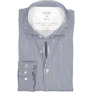 OLYMP Level 5 body fit overhemd 24/7 - marine blauw met wit gestreept tricot - Strijkvriendelijk - Boordmaat: 41
