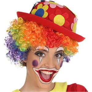 Clown verkleed set gekleurde pruik met bolhoed rood met bloemen - Carnaval clowns verkleedkleding en accessoires