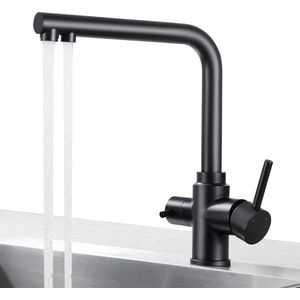 Keukenkraan 3-in-1 met 360° Rotatie en Matte Zwarte Afwerking, Twee Hendels voor Gefilterd Water