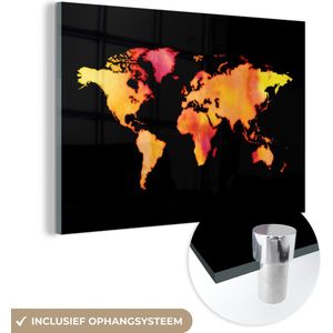 MuchoWow® Glasschilderij 180x120 cm - Schilderij acrylglas - Wereldkaart - Aquarel - Kleuren - Foto op glas - Schilderijen