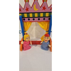 houten mini theater met prins en prinses - mini poppenkast- Poppentheater Voor Kinderen Met 6 Poppen - Voor Jongens En Meisjes - Poppenkast voor op tafel