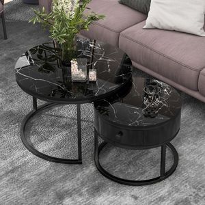 Swiss Homes® - Venus | Salontafel Set van 2 - Marmer Look - �Ø70 / Ø 70 / Ø 45 cm | Marquana Black (Zwart)| - Bijzettafel - Tafel Rond - Woonkamer Tafel - Decoratie Tafel - Salon Tafel - Wandtafel - Koffietafel | MDF