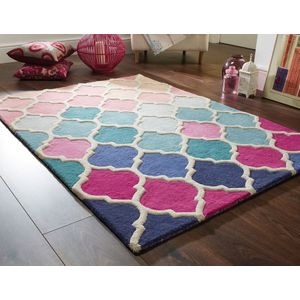 Flycarpets Reverie Modern Laagpolig - 100% Wol - Barok Design Vloerkleed - Roze / Blauw - 160x230 cm