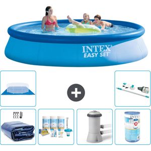Intex Rond Opblaasbaar Easy Set Zwembad - 396 x 84 cm - Blauw - Inclusief Solarzeil - Onderhoudspakket - Zwembadfilterpomp - Filter - Grondzeil - Stofzuiger