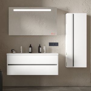 Jena Badkamermeubel Set 120 cm Hoogglans Wit - Onderkast MDF Softclose Greeploos 2 lades met Keramische Wastafel 2 kraangat en Badkamerspiegel met Led-verlichting