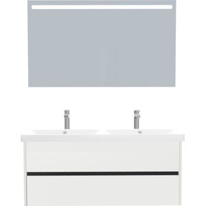 Jena Badkamermeubel Set 120 cm Hoogglans Wit - Onderkast MDF Softclose Greeploos 2 lades met Keramische Wastafel 2 kraangat en Badkamerspiegel met Led-verlichting