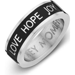 Key Moments Color 8KM R0001 50 Stalen Ring met Tekst - Love Hope Joy - Ringmaat 50 - Cadeau - Zilverkleurig / Zwart