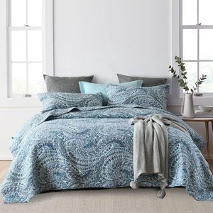 Sprei van katoen 220x240cm, sprei 230x250cm voor tweepersoonsbed met blauwe paisley bloemen, het hele jaar door gewatteerde deken met 2 kussenslopen
