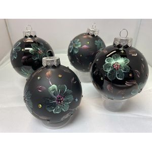 4 Handpainted kerstballen zwart met bloemen en strass