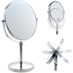 Staande spiegel, in hoogte verstelbaar, 5-voudige vergroting, 8 inch make-upspiegel, verchroomde scheerspiegel, tafelspiegel, badkamerspiegel, dubbelzijdig: normaal + 5x zoom, TKD3114-5x