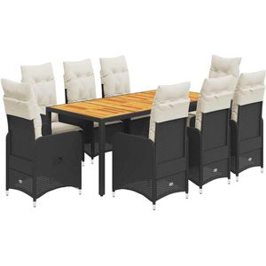 The Living Store 9-delige Bistroset met kussens poly rattan zwart - Tuinmeubels - Bistroset - Lounge Set - Buitendecoratie - Patio Furniture