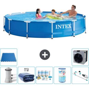 Intex Rond Frame Zwembad - 366 x 76 cm - Blauw - Inclusief Pomp Solarzeil - Onderhoudspakket - Filter - Stofzuiger - Vloertegels - Warmtepomp