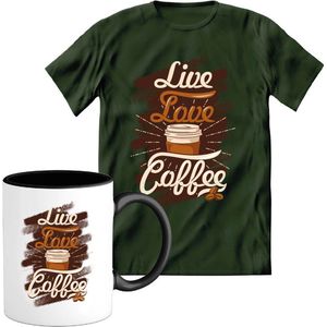 T-Shirtknaller T-Shirt met Koffiemok | Live Love Coffee - Koffie Kleding | Heren / Dames Shirt met Mok Cadeau | Kleur groen | Maat S