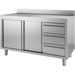 Gastro-Inox RVS Werkbank 1800(l)x600(d)x880(h)mm Met Schuifdeuren - 3 Laden En Achteropstand - Gastro-Inox 302.326 - Horeca & Professioneel