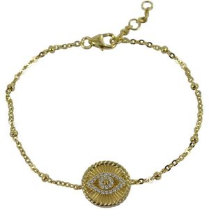 Silventi 9SIL-21434 Zilveren Armband met Hangertje - Dames - Oog - 13 mm Doorsnee - Zirkonia - Ankerschakel met Bolletjes - 16 + 1 + 1 cm - Zilver - Gold Plated (Verguld/Goud op Zilver)