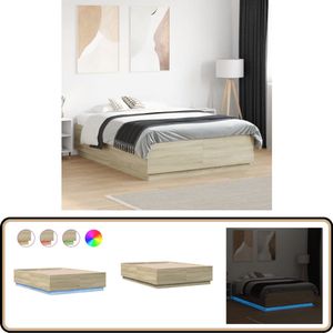 vidaXL Bedframe met LED - Sonoma Eiken - 140x200 cm LED Bed Frame - Houten Bed Frame - Bruine Bed Frame - Slaapcomfort - Led Verlichting