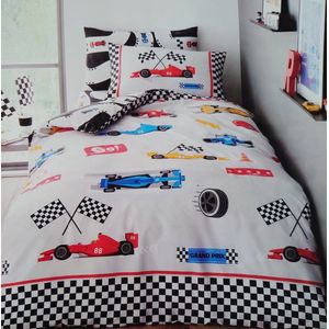 1-persoons jongens / kinder dekbedovertrek (dekbed hoes) “racewagen” wit - zwart geblokt met race auto’s, vlaggen, circuit van de Grand Prix (Formule 1 racing cars) 140 x 200 cm