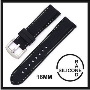 16mm Rubber Siliconen horlogeband Zwart met Witte stiksels  passend op o.a Casio Seiko Citizen en alle andere merken - 16 mm Bandje - Horlogebandje horlogeband