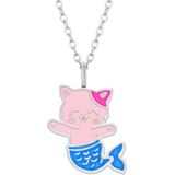 Zilveren ketting meisjes | Zilveren ketting, roze kat met blauwe zeemeerminstaart.jpg