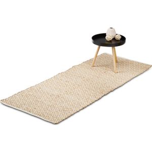 vloerkleed jute en katoen - 80 x 200 cm - antislip - ruitjes - lichtbruin