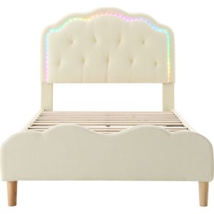Gestoffeerd bed 90x200cm Kinderbed zonder matras Wit PU met houten latten met meerkleurige LED-strips