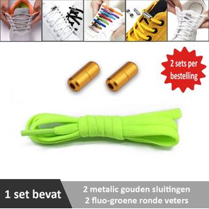 2 paar fluo-groene ronde elastische veters met metalic gouden sluitingen. U hoeft voortaan nooit meer je veters te strikken