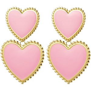 Joy Ibiza - hartjes oorbellen - roze emaille - 2 hartjes - vlinder sluiting - ear party boho - bohemian style - stainless steel - ip/pvd goldplated