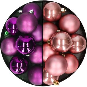 Kerstballen 24x st - mix oudroze/paars - 6 cm - kunststof - kerstversiering