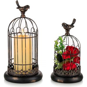 Vogelkooi kaarsenhouder decoratief 27 cm / 37 cm draadkooi lantaarn kaarsenhouder set van 2, zwart metalen kaarsenhouder stompkaarsen voor boerderij eettafel open haard jas wonen
