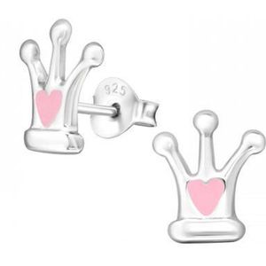 Oorbellen meisje zilver | Zilveren oorstekers, kroontje met roze hart