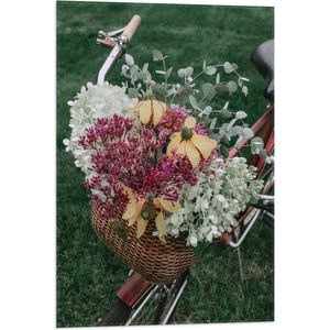 WallClassics - Vlag - Bloemstuk in Mand van Fiets - 50x75 cm Foto op Polyester Vlag