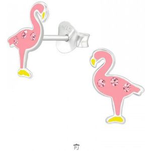 Oorbellen meisje zilver | Zilveren oorstekers, roze flamingo