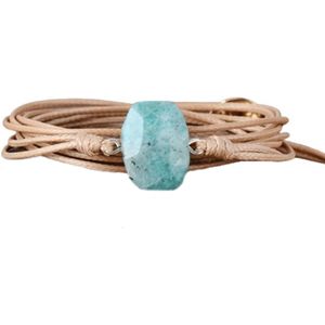 Marama -  wikkelarmband Rechthoekig Amazoniet - lichtbruin waxcord - dames armband - 80 cm - cadeautje voor haar