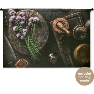 Wandkleed - Wanddoek - Bieslook - Keuken - Vijzel - Rustiek - Kruiden - Paars - 150x100 cm - Wandtapijt