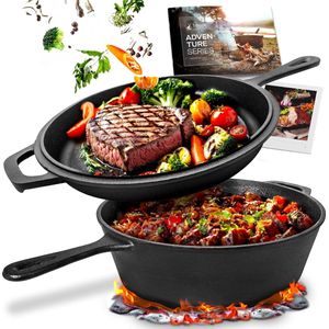 Luxe Duurzame Gietijzeren pan - Gietijzeren pan 2-in-1 met pan, diameter 27 cm, 5 liter, pre-seasoned met hittebestendige handgreep + receptenboekje | geschikt voor inductie geschikte combocooker voor barbecue, grillen of brood bakken | roestvrij hit