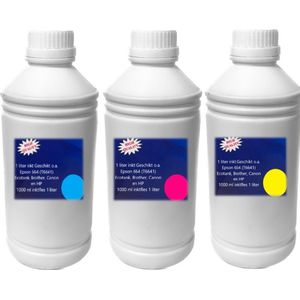 Inkt cyaan, Magenta en Geel geschikt o.a. Epson Eco tank printers, Brother, Canon en HP Cyaan 1000 ml inktfles 1 liter. Universeel inkt