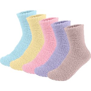 Fluffy Sokken Dames - 5 Paar Happy Kleuren - One Size maat 36-41 - Huissokken - Badstof - Dikke Wintersokken - Cadeau voor haar - Housewarming - Verjaardag - Vrouw